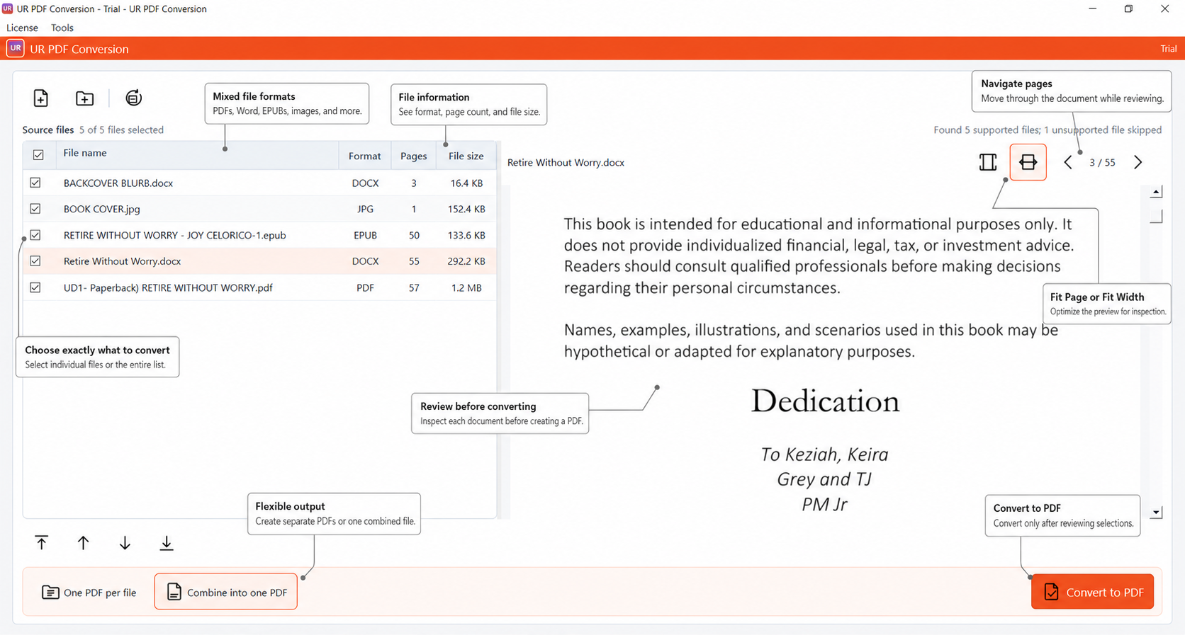 Annotated current UR PDF Conversion ListPreview interface showing mixed files, file details, centered selection checkboxes, live document preview, page and fit controls, output choices, and Convert to PDF