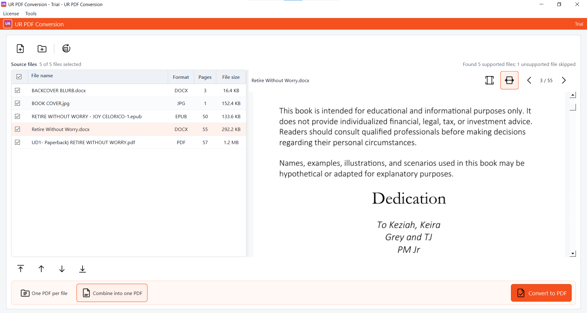Current UR PDF Conversion ListPreview workflow showing mixed source files, file details, selection controls, and a live document preview